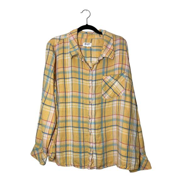 Candace Cameron Bure Yellow Plaid Shirt Linen Blend Button up 1X - Picture 1 of 4